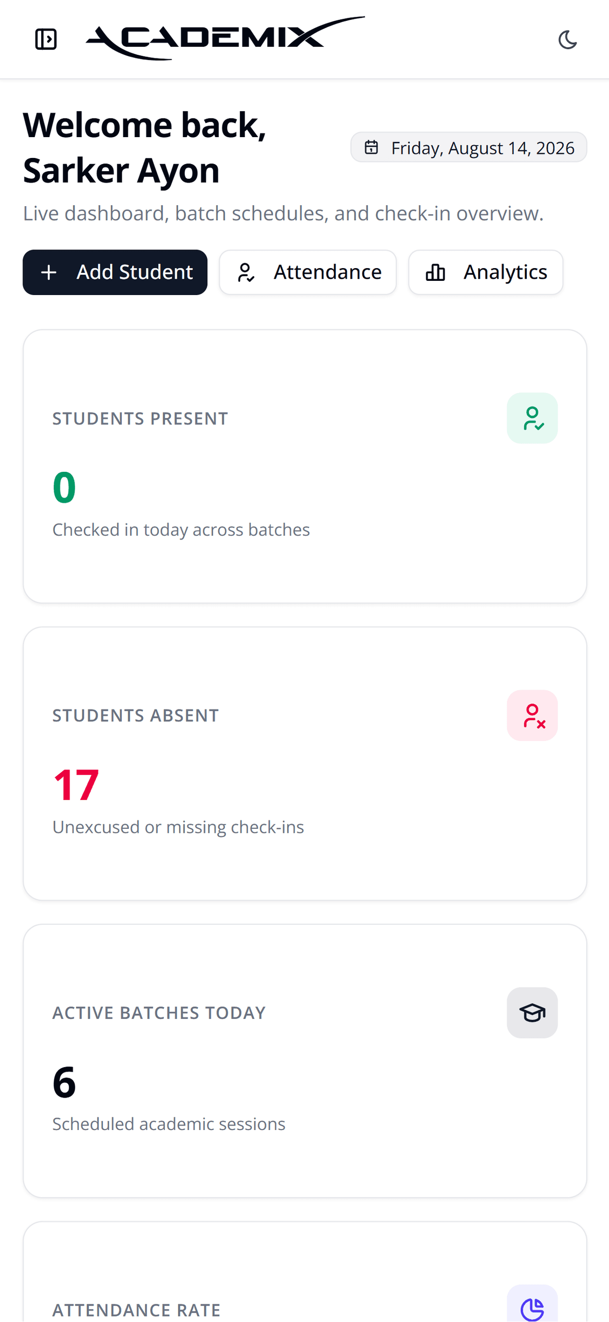 AcademiX Dashboard Preview Mobile Light Mode