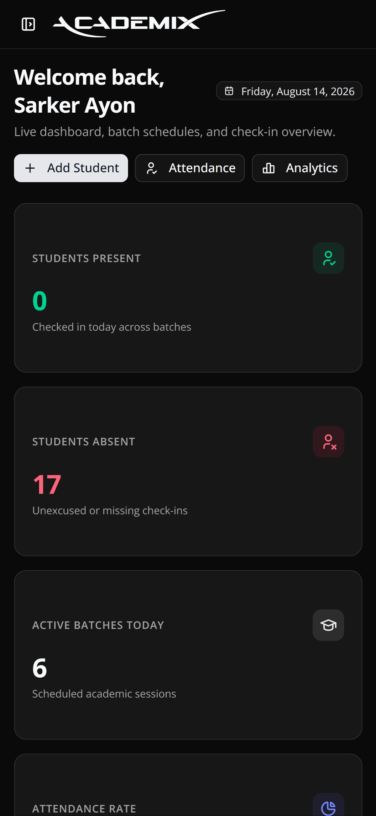 AcademiX Dashboard Preview Mobile Dark Mode