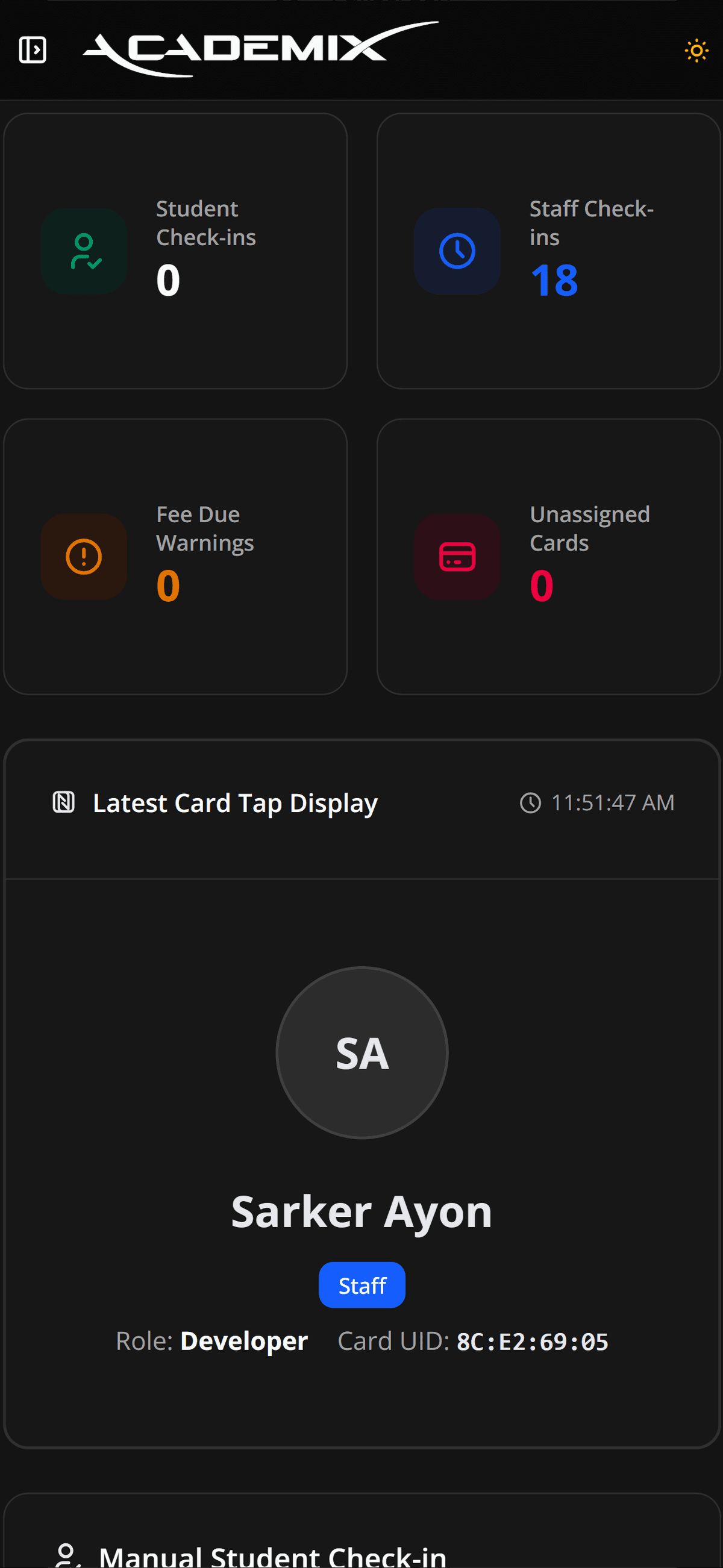AcademiX Scan Logs Mobile Dark Mode