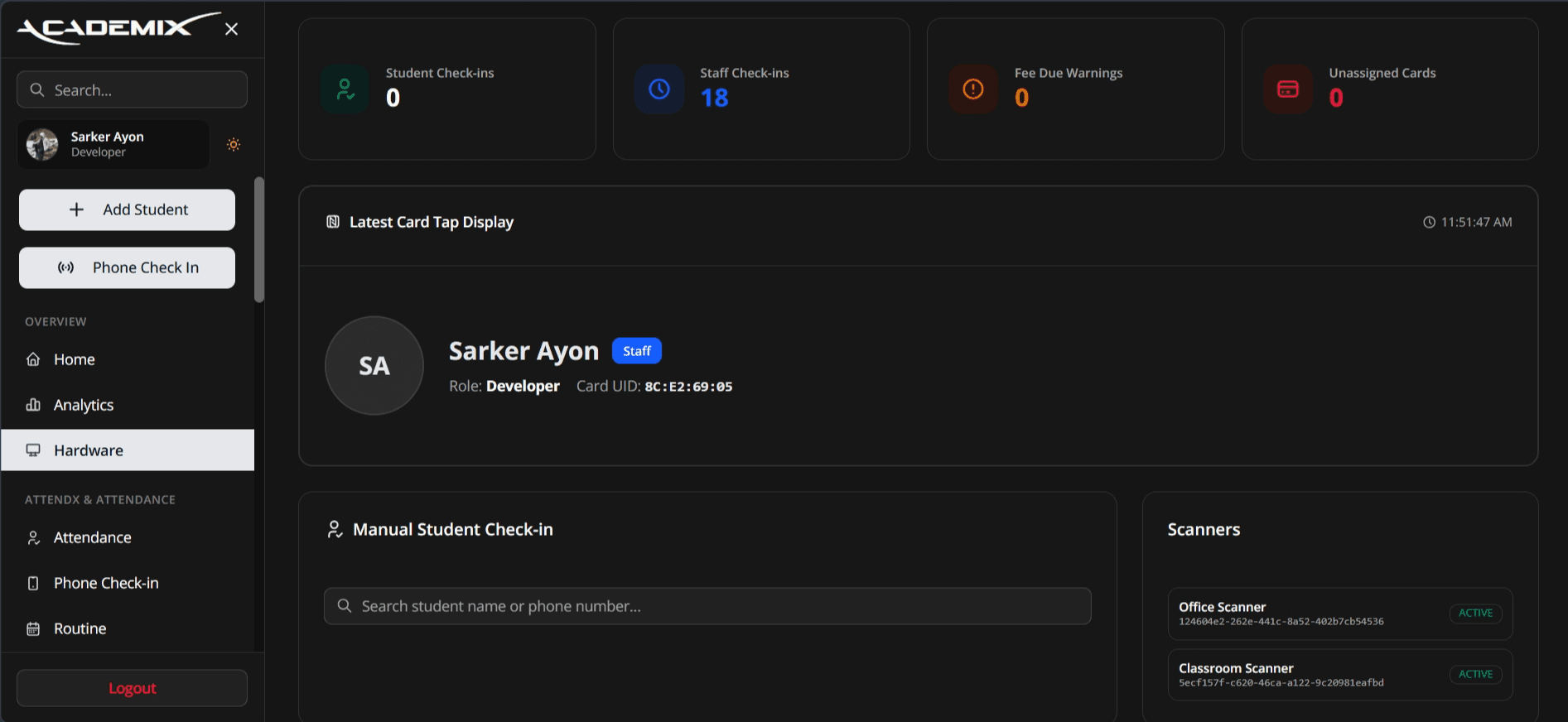 AcademiX Scan Logs Desktop Dark Mode